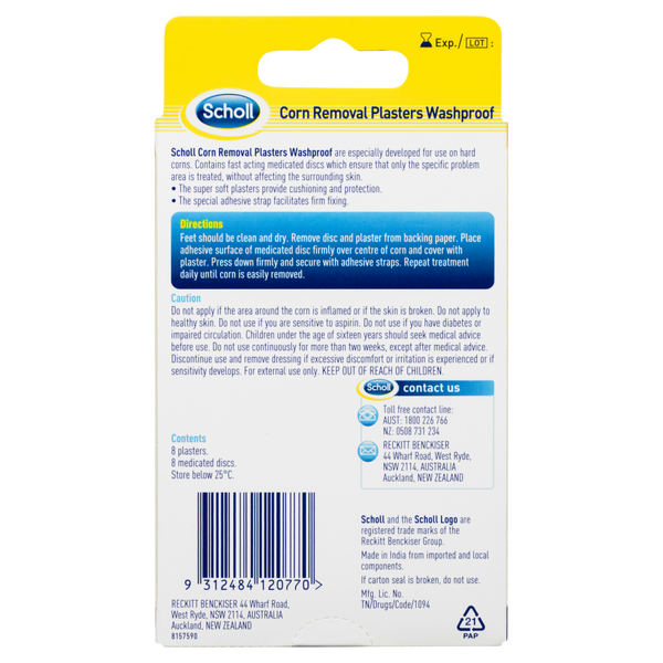 Scholl Corn Removal Plasters Washproof 8 Pack Medicated Disc System Fi