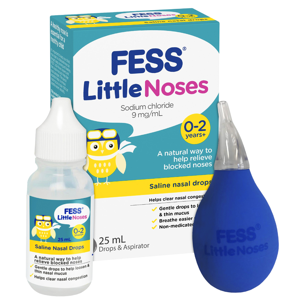 Fess Little Noses Saline Nasal Drops + Aspirator 25mL Relieve Blocked Noses