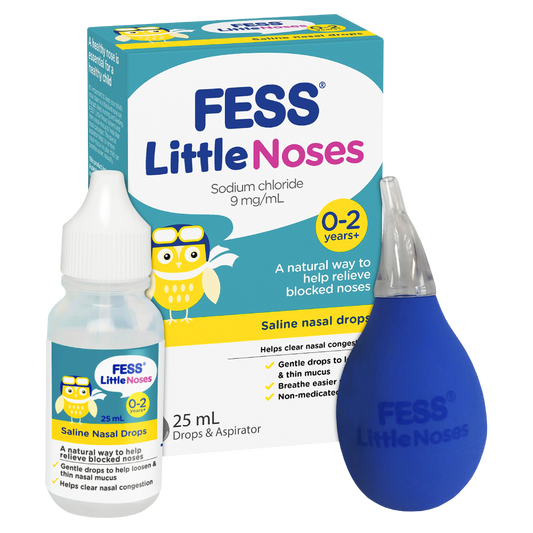 Fess Little Noses Saline Nasal Drops + Aspirator 25mL Relieve Blocked Noses