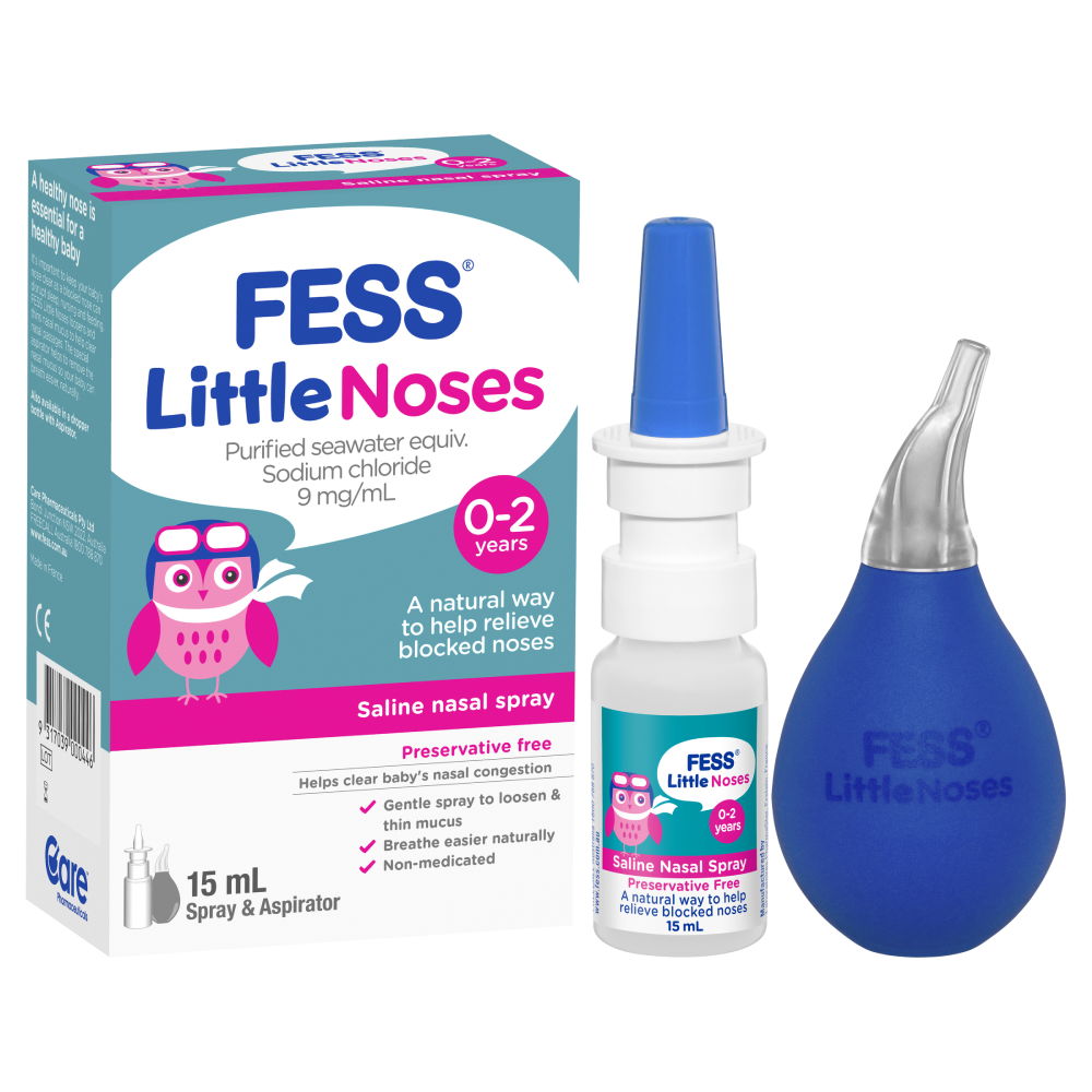 Fess Little Noses Saline Nasal Spray + Aspirator 15mL Relieve Blocked Noses