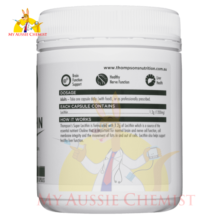 Thompson's High Potency Super Lecithin 200 Capsules Brain Function Tho MyAussieChemist