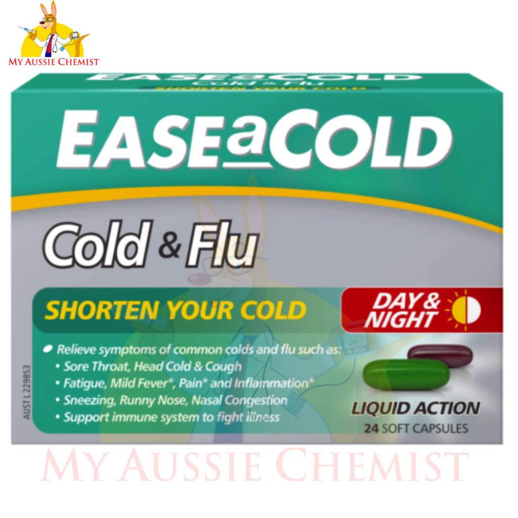 EASEaCOLD Cold & Flu 24 Soft Capsules Day & Night Shorten Colds Ease A Cold