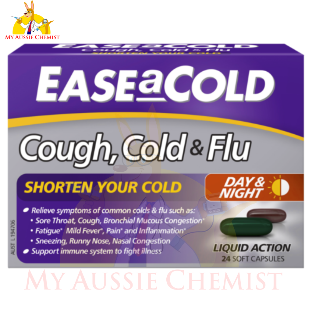 EASEaCOLD Cough, Cold & Flu 24 Soft Capsules Day & Night Relief Ease A Cold