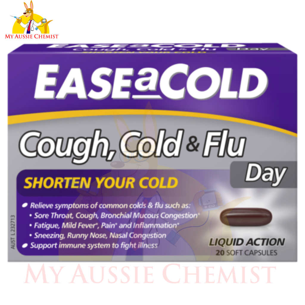 EASEaCOLD Cough, Cold & Flu DAY 20 Soft Capsules Common Colds Relief Ease A Cold