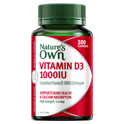 Nature's Own Vitamin D3 1000IU 200 Capsules 1-A-Day Bone Health Natures