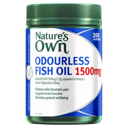 Nature's Own Odourless Fish Oil 1500mg 200 Capsules Omega-3 Brain Heart Health