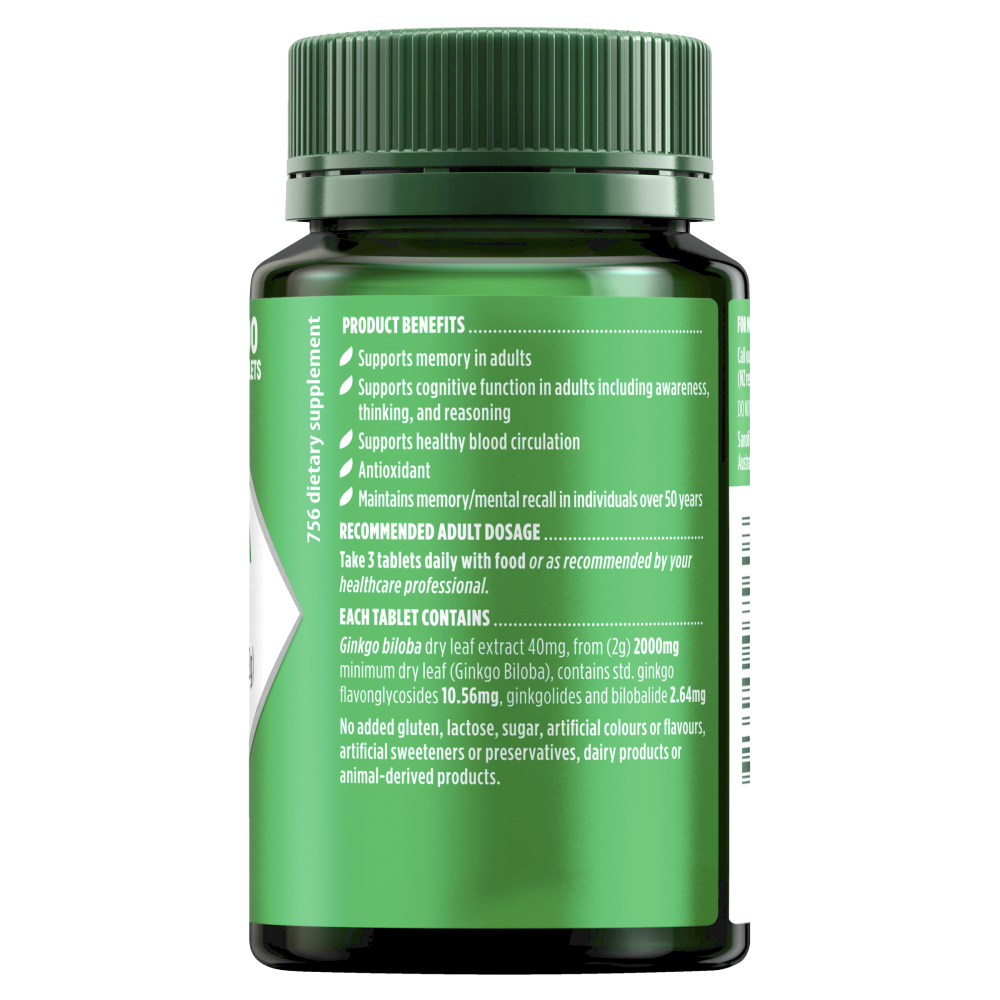 Nature's Own Ginkgo Biloba 2000mg 100 Tablets Memory Cognitive Function Natures