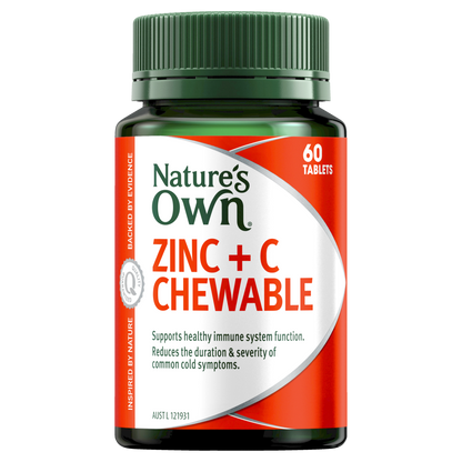 Nature's Own Zinc + C Chewable 60 Tablets Immune Health Colds Vitamin C Natures