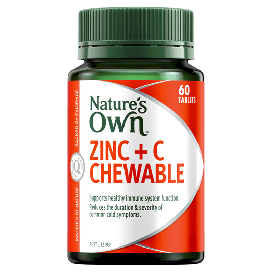 Nature's Own Zinc + C Chewable 60 Tablets Immune Health Colds Vitamin C Natures