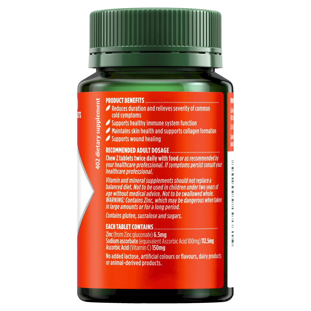 Nature's Own Zinc + C Chewable 60 Tablets Immune Health Colds Vitamin C Natures