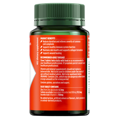 Nature's Own Zinc + C Chewable 60 Tablets Immune Health Colds Vitamin C Natures