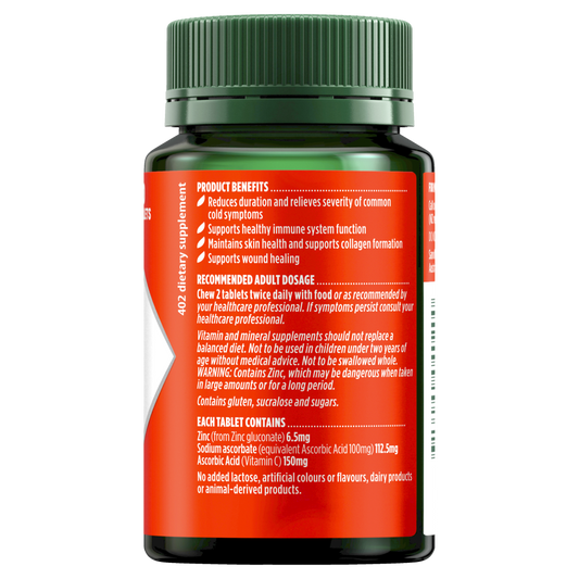 Nature's Own Zinc + C Chewable 60 Tablets Immune Health Colds Vitamin C Natures