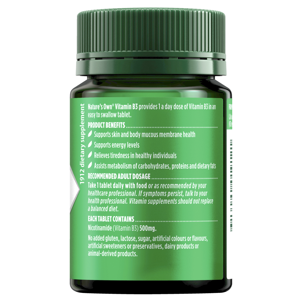 Nature's Own Vitamin B3 500mg 60 Tablets Skin Health Energy Levels Natures