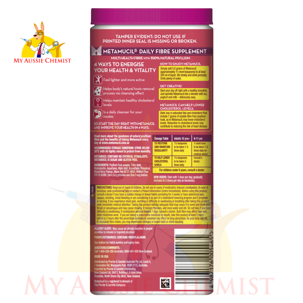 Metamucil Fibre Supplement 425g (72 Doses) – Wild Berry Psyllium Husk Powder