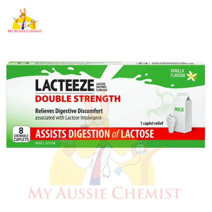 LACTEEZE Double Strength 8 Chewable Caplets Lactose Dairy Digestion Ultra