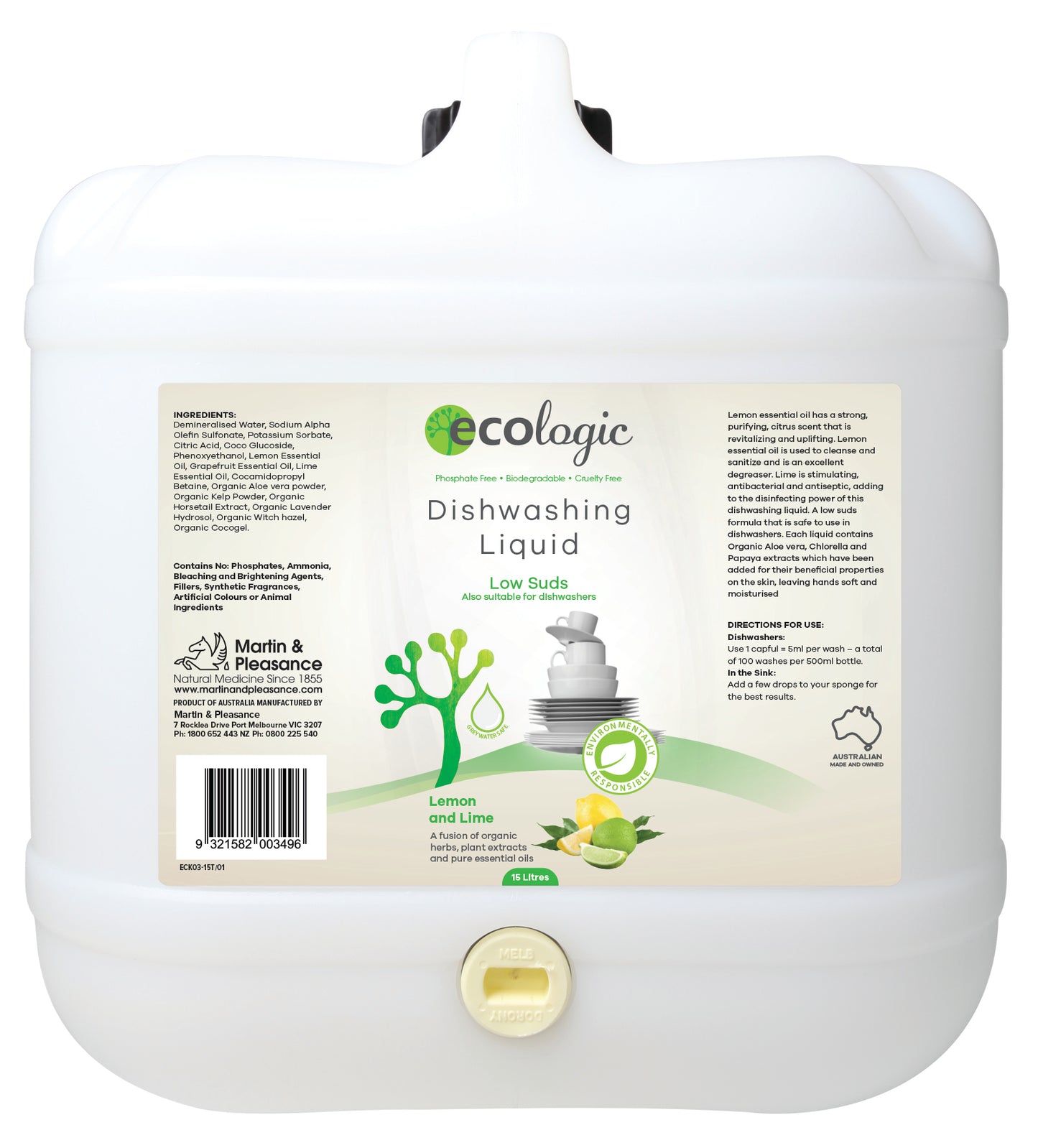 ECOLogic Lemon & Lime Dishwashing Liquid BULK 15L