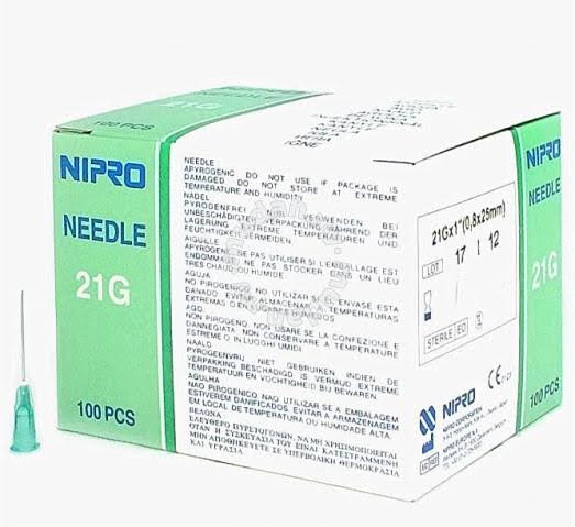 Nipro Needle 21G (0.8Mm) X 1" (25 Mm) Box 100