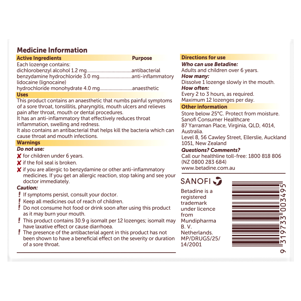 Betadine Anaesthetic Lozenges 36 Pack - Honey & Lemon Triple Action Numbs Pain